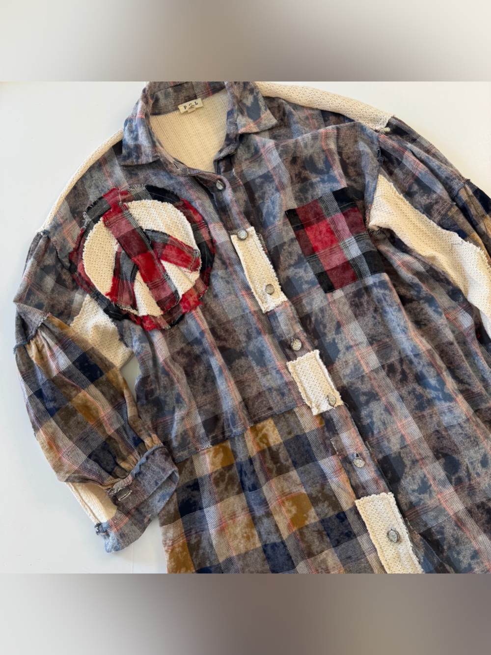 POL Shirt Womens Medium Oversized Boho Patchwork Lace Flannel Peace Sign Boho - Picture 4 of 9